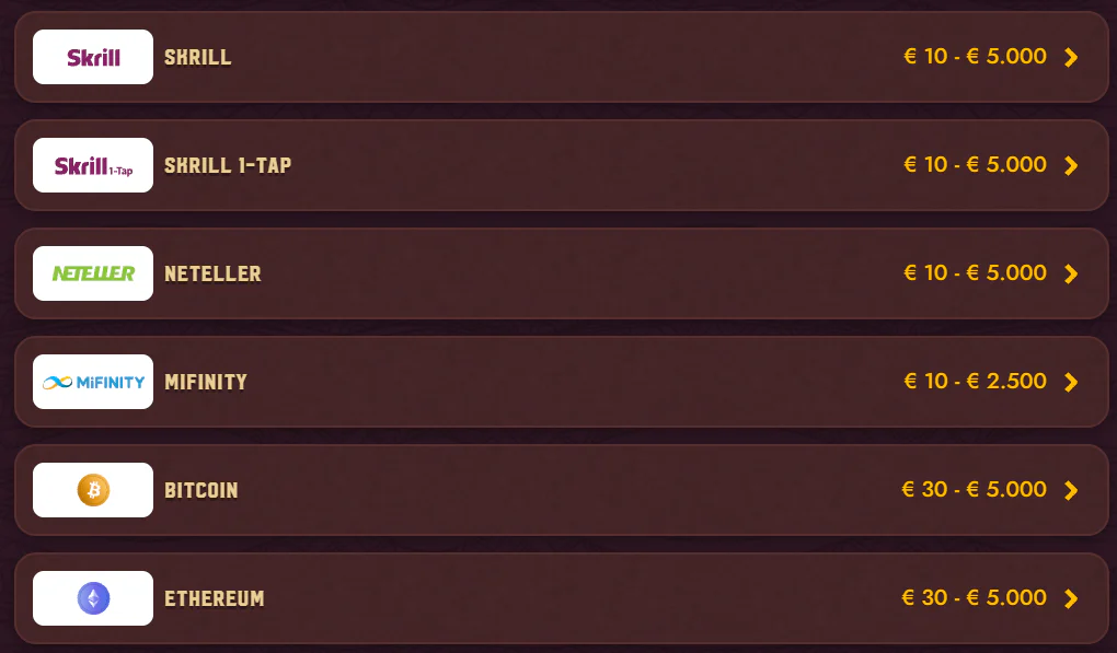 5 Gringos Casino betaalmethoden met Skrill, Skrill 1-Tap, Neteller, MiFinity, Bitcoin en Ethereum inclusief stortingslimieten