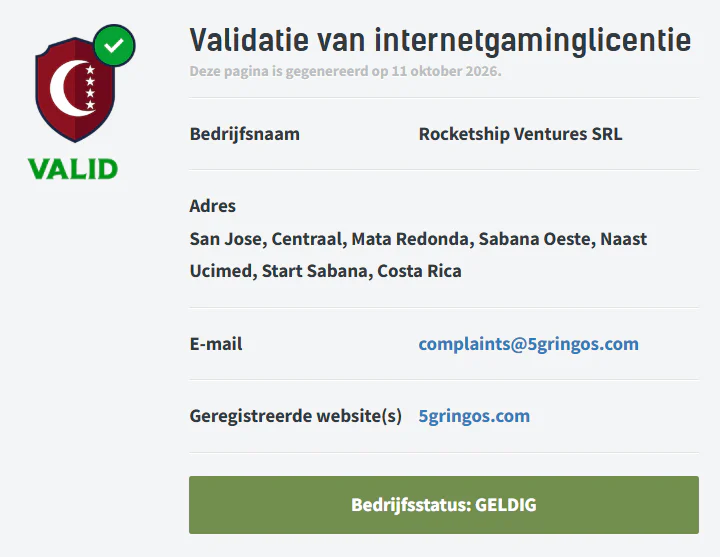 5 Gringos Casino licentievalidatie met geldige bedrijfsstatus van Rocketship Ventures SRL en geregistreerde website 5gringos.com